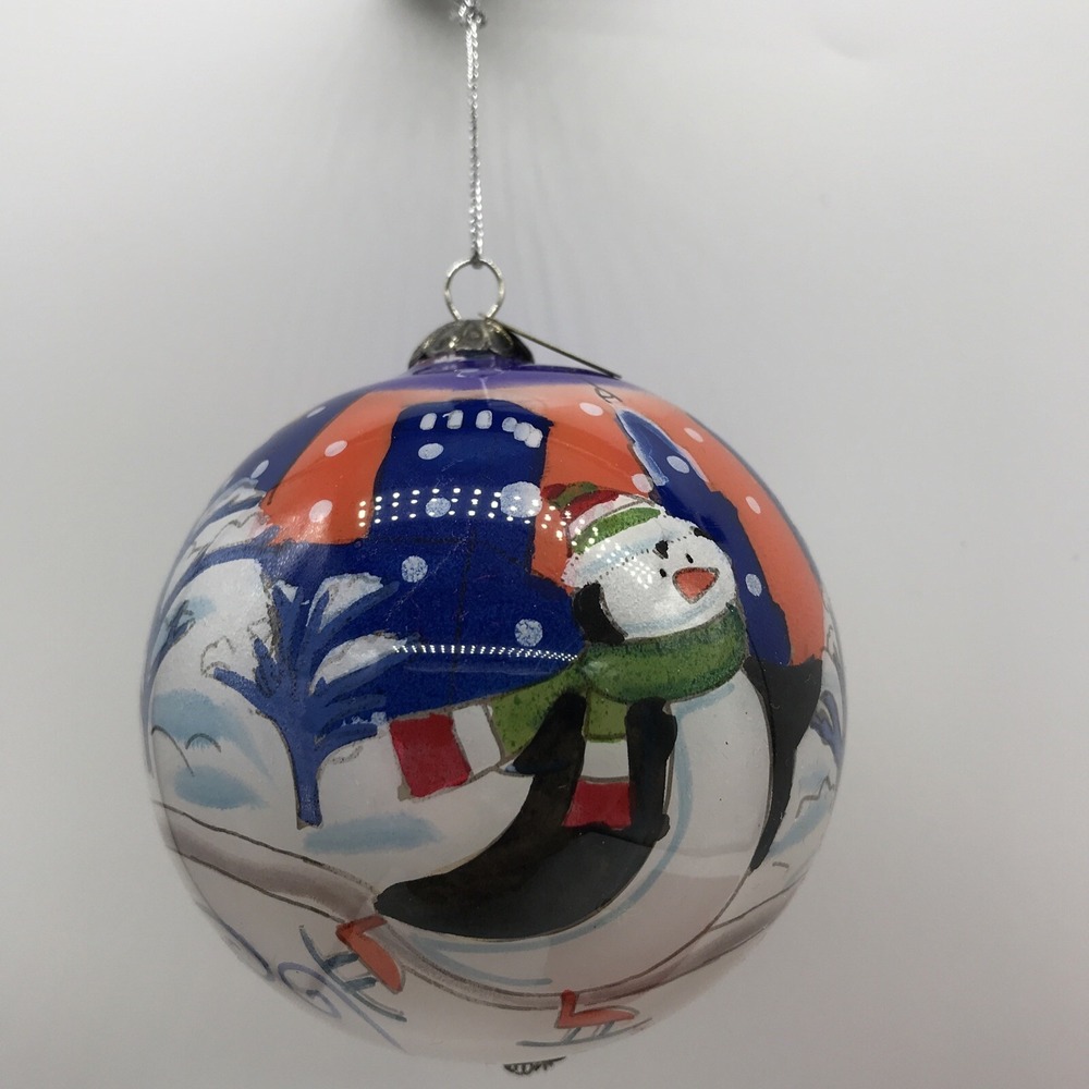 Li Bien‎ 2014 Penguin Ice Skating Christmas Ornament Hand Painted Glass with Box